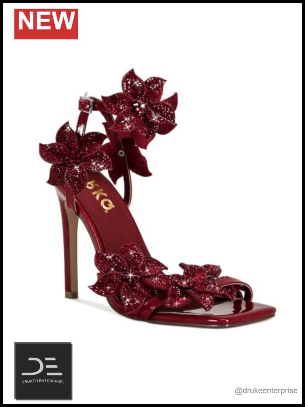 Sparkly Rhinestone Flower Stiletto Heels Sandals Women Patent Leather Square